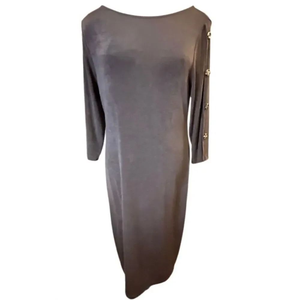 Chico's Traveler Stretchy Brown Midi Dress 3/4 Sleeves Medium Classic Shift